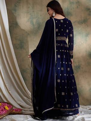 Blue Chinon anarkali style long choli readymade lehenga 2