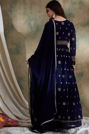 Blue Chinon anarkali style long choli readymade lehenga