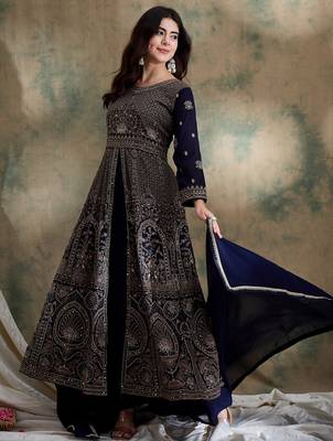 Blue Chinon anarkali style long choli readymade lehenga 3