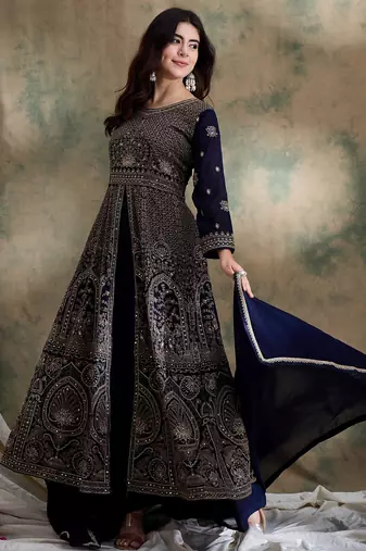 Blue Chinon anarkali style long choli readymade lehenga