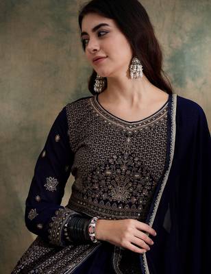 Blue Chinon anarkali style long choli readymade lehenga 4