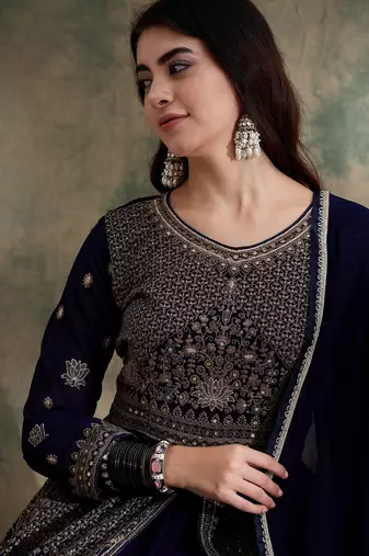 Blue Chinon anarkali style long choli readymade lehenga