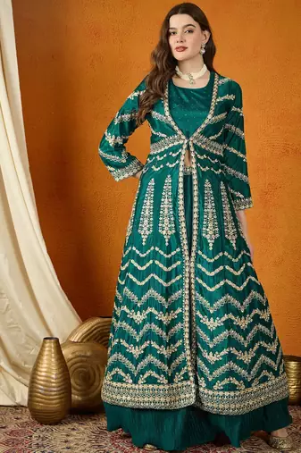 Green Chinon anarkali style long choli readymade lehenga