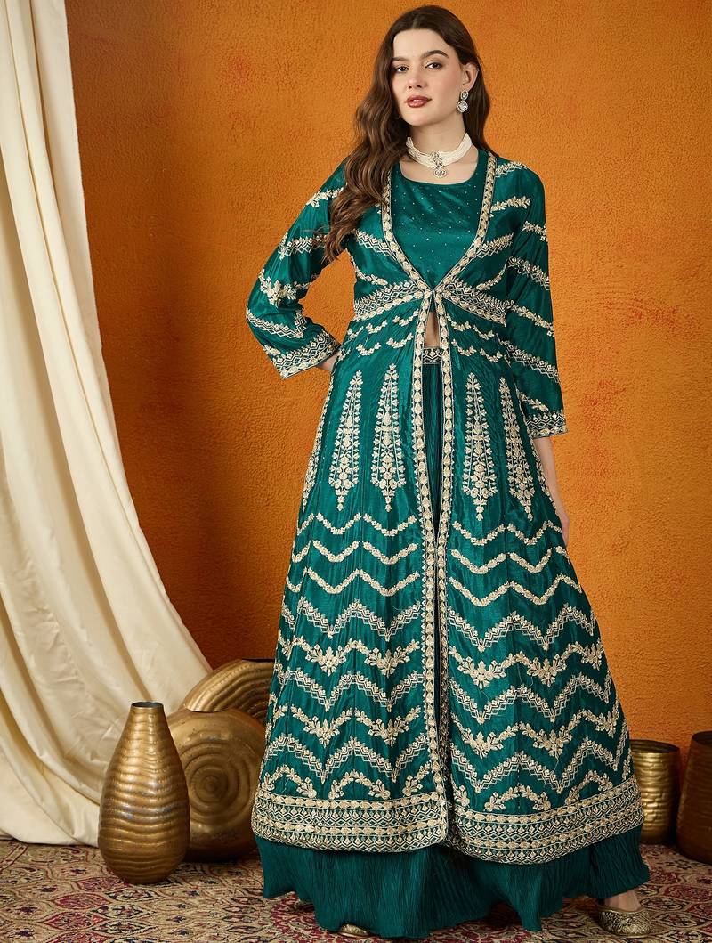 Green Chinon anarkali style long choli readymade lehenga