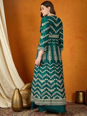 Green Chinon anarkali style long choli readymade lehenga 2
