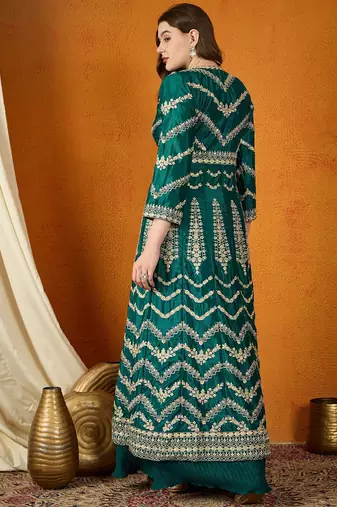 Green Chinon anarkali style long choli readymade lehenga