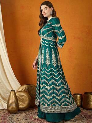 Green Chinon anarkali style long choli readymade lehenga 3