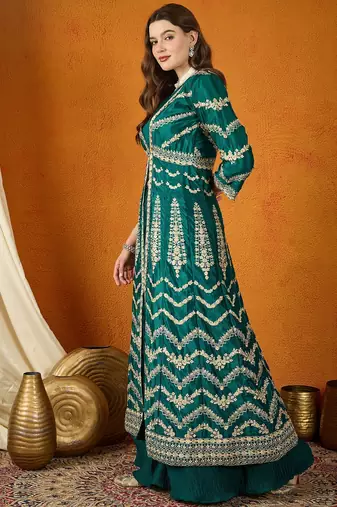 Green Chinon anarkali style long choli readymade lehenga