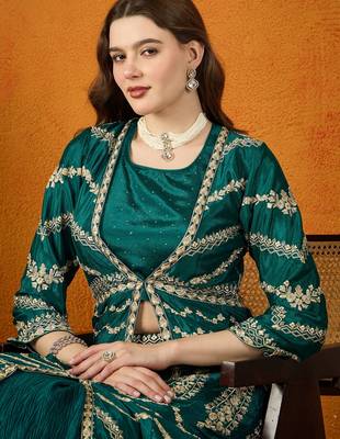 Green Chinon anarkali style long choli readymade lehenga 4