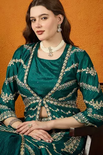 Green Chinon anarkali style long choli readymade lehenga