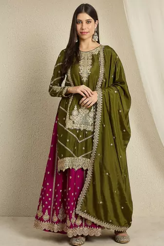 Mehendi green Chinon anarkali style long choli readymade lehenga