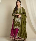 Mehendi green Chinon anarkali style long choli readymade lehenga