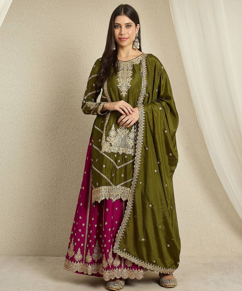 Mehendi green Chinon anarkali style long choli readymade lehenga