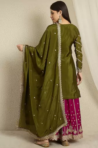 Mehendi green Chinon anarkali style long choli readymade lehenga
