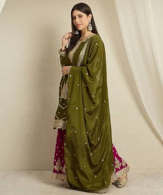 Mehendi green Chinon anarkali style long choli readymade lehenga 3