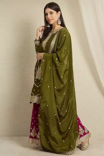 Mehendi green Chinon anarkali style long choli readymade lehenga