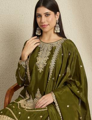 Mehendi green Chinon anarkali style long choli readymade lehenga 4