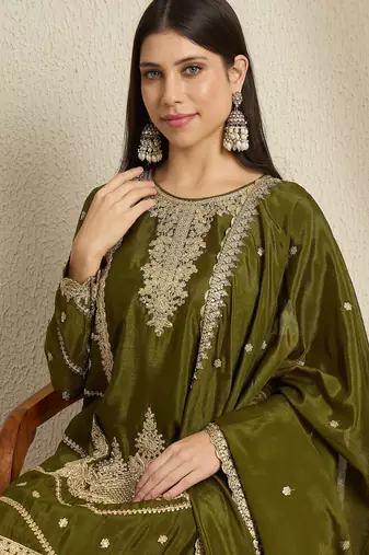 Mehendi green Chinon anarkali style long choli readymade lehenga