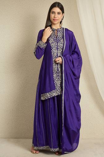 Purple Chinon anarkali style long choli readymade lehenga