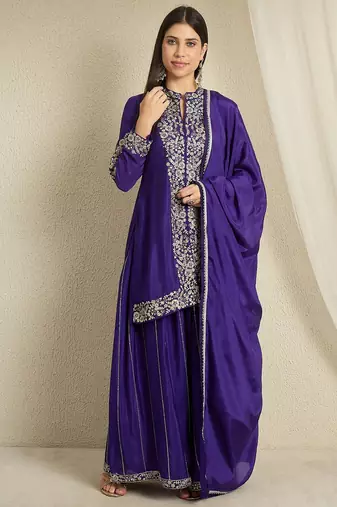 Purple Chinon anarkali style long choli readymade lehenga