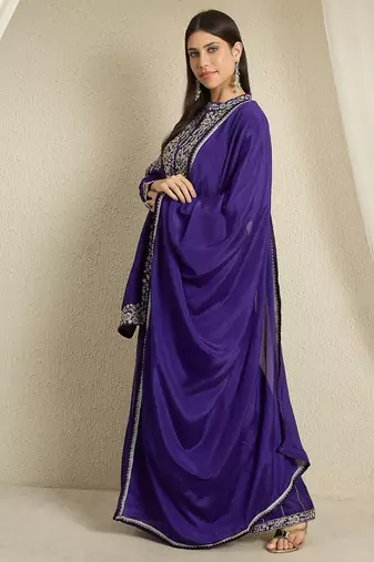 Purple Chinon anarkali style long choli readymade lehenga