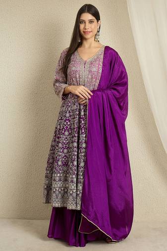 Purple Chinon anarkali style long choli readymade lehenga