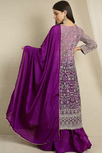 Purple Chinon anarkali style long choli readymade lehenga