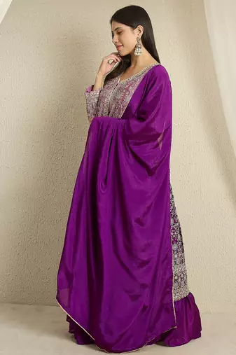 Purple Chinon anarkali style long choli readymade lehenga