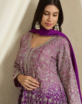 Purple Chinon anarkali style long choli readymade lehenga 4