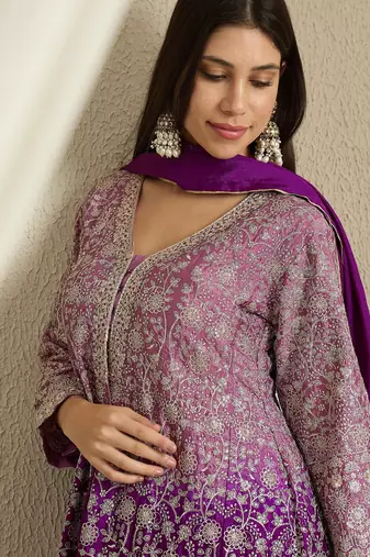 Purple Chinon anarkali style long choli readymade lehenga