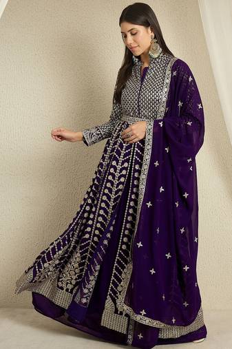 Purple Faux Georgette anarkali style long choli readymade lehenga
