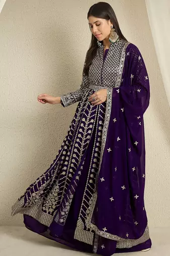 Purple Faux Georgette anarkali style long choli readymade lehenga