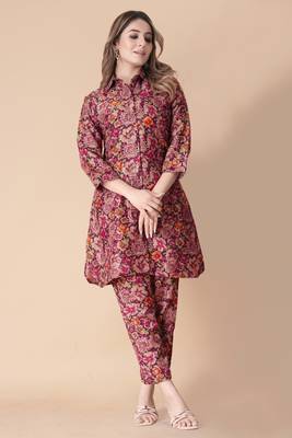 Maroon floral print cotton rayon shirt-style co-ord set 2