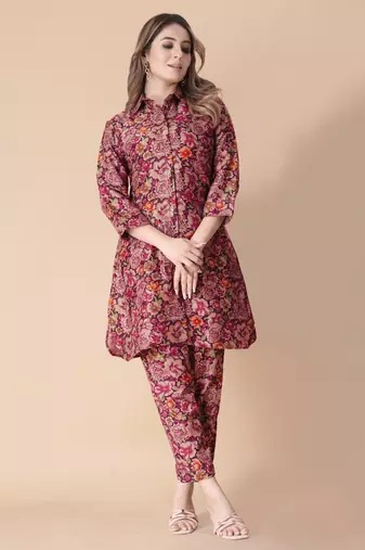 Maroon floral print cotton rayon shirt-style co-ord set