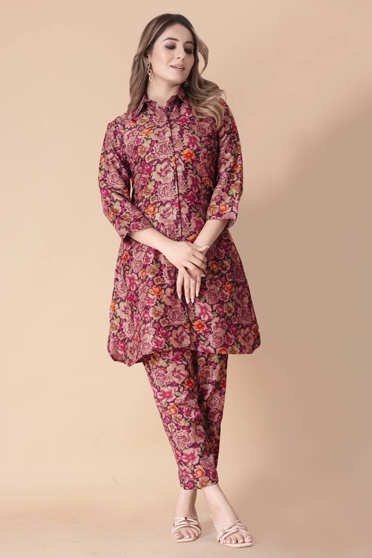 Maroon floral print cotton rayon shirt-style co-ord set