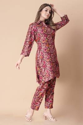 Maroon floral print cotton rayon shirt-style co-ord set 3