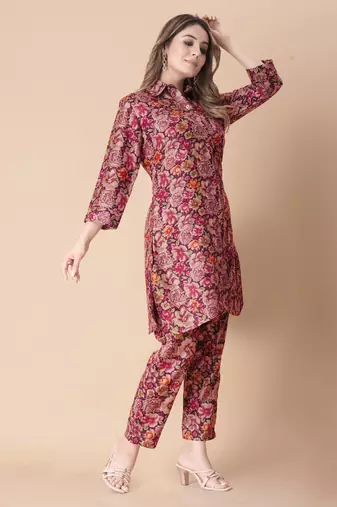 Maroon floral print cotton rayon shirt-style co-ord set