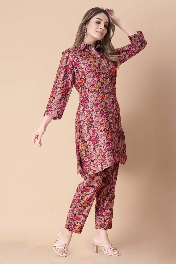 Maroon floral print cotton rayon shirt-style co-ord set