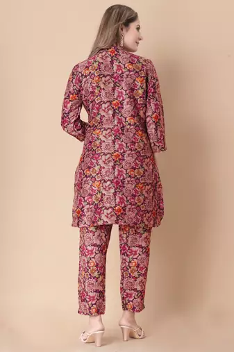 Maroon floral print cotton rayon shirt-style co-ord set