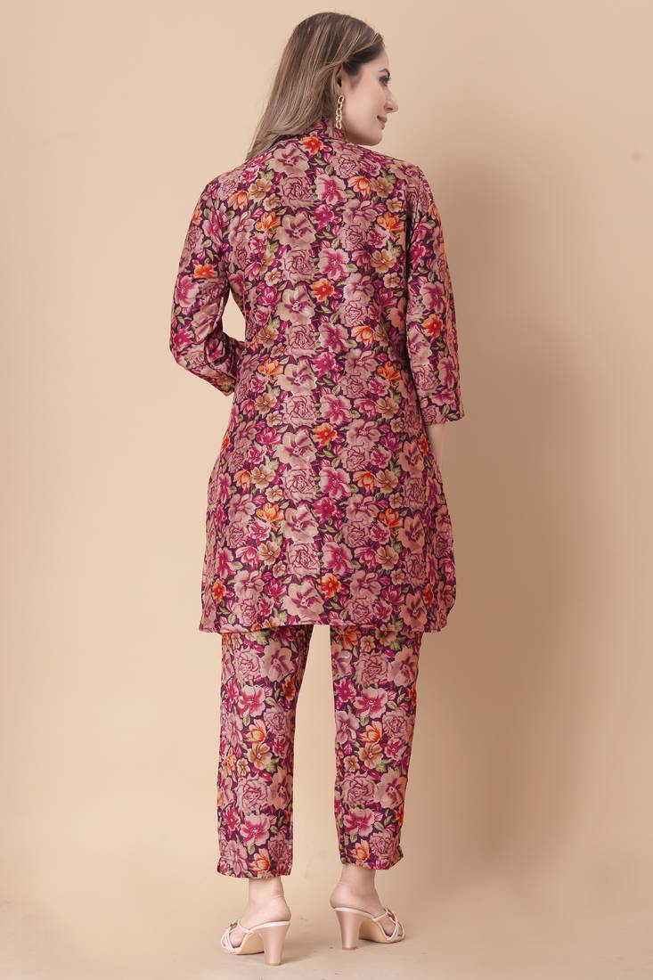 Maroon floral print cotton rayon shirt-style co-ord set