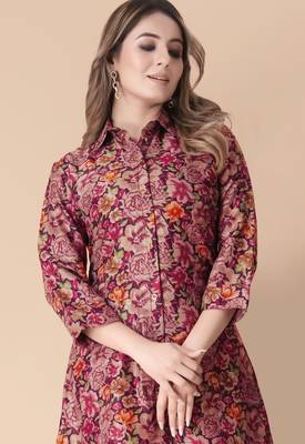 Maroon floral print cotton rayon shirt-style co-ord set 5