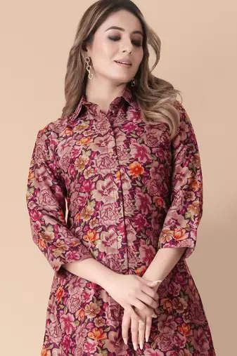 Maroon floral print cotton rayon shirt-style co-ord set