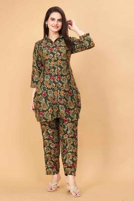 Dark green floral print cotton rayon shirt-style co-ord set 2