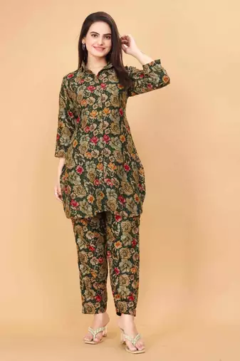 Dark green floral print cotton rayon shirt-style co-ord set