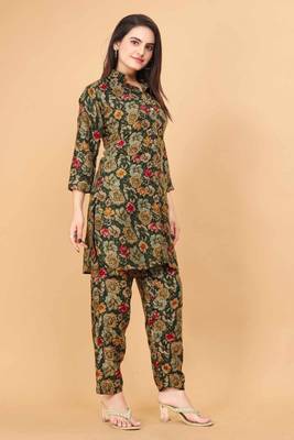 Dark green floral print cotton rayon shirt-style co-ord set 3