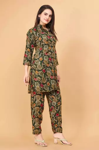 Dark green floral print cotton rayon shirt-style co-ord set