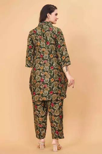 Dark green floral print cotton rayon shirt-style co-ord set