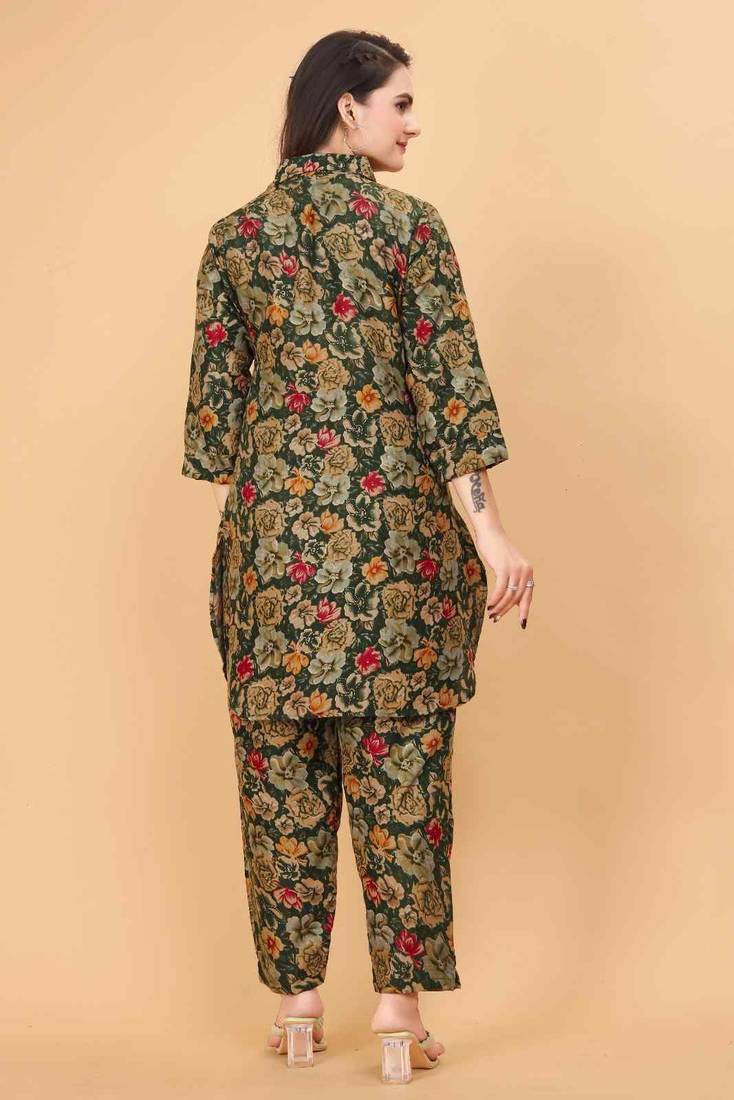 Dark green floral print cotton rayon shirt-style co-ord set