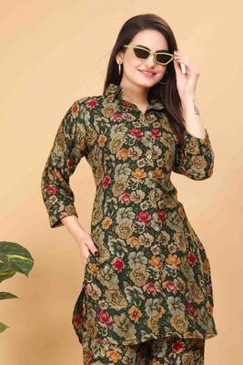 Dark green floral print cotton rayon shirt-style co-ord set 5