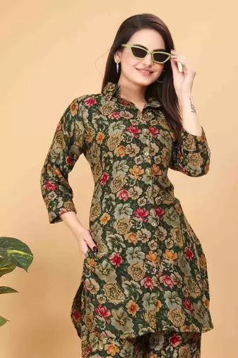 Dark green floral print cotton rayon shirt-style co-ord set